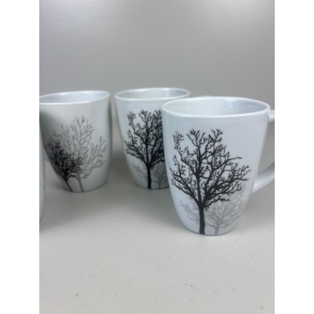 Corelle Coordinates TIMBER SHADOWS Porcelain Tree Coffee Tea Mugs White Set of 4 - Picture 7 of 12
